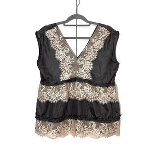 Sundance‎ Babydoll Blouse Women’s L Silk Lace Trim Gray Romantic Short Sleeve